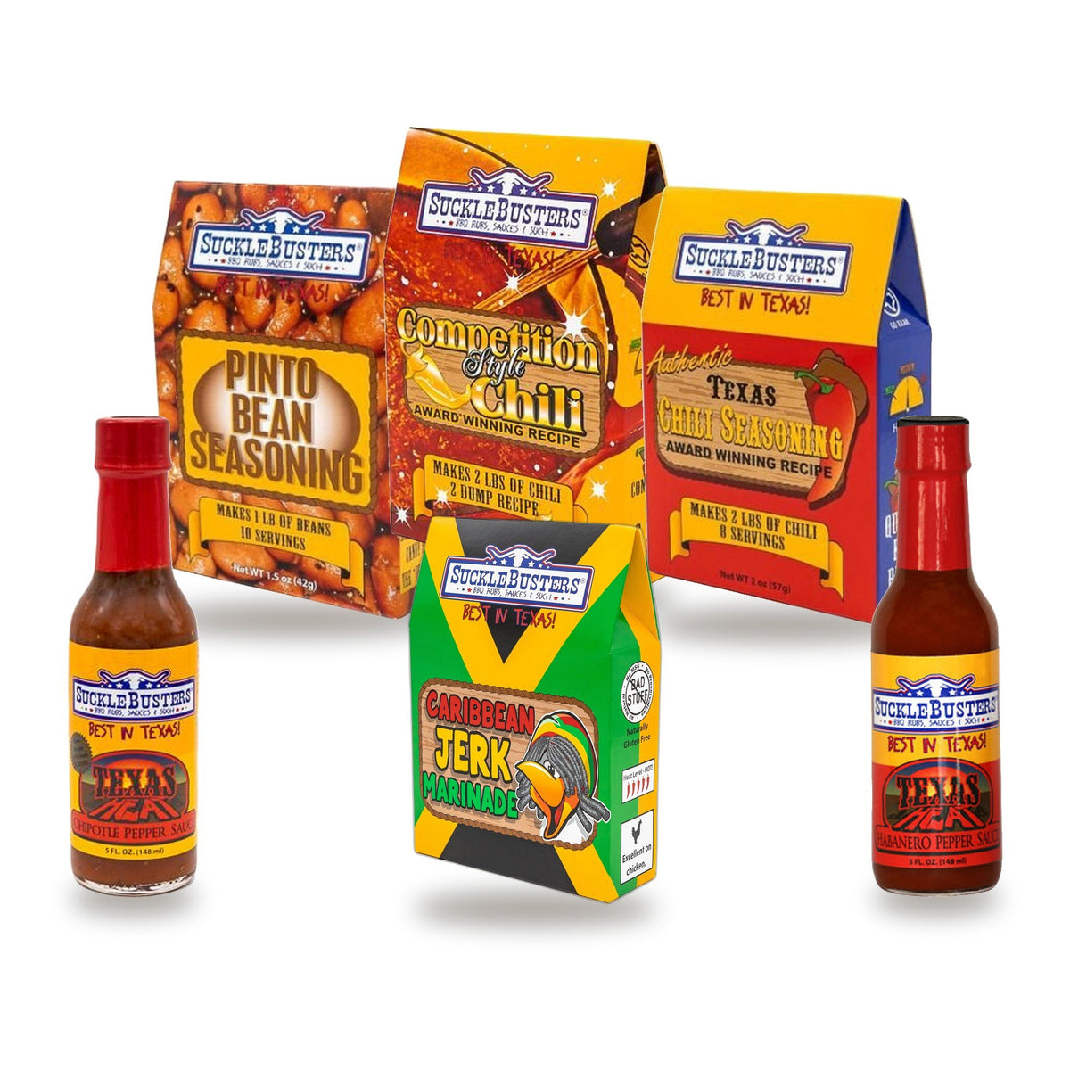 SuckleBusters Chuck Wagon Bundle: Texas Chili Kit, Competition Style Chili Kit, Pinto Bean Seasoning Kit, Caribbean Jerk Marinade, Chipotle and Habanero Pepper Sauce